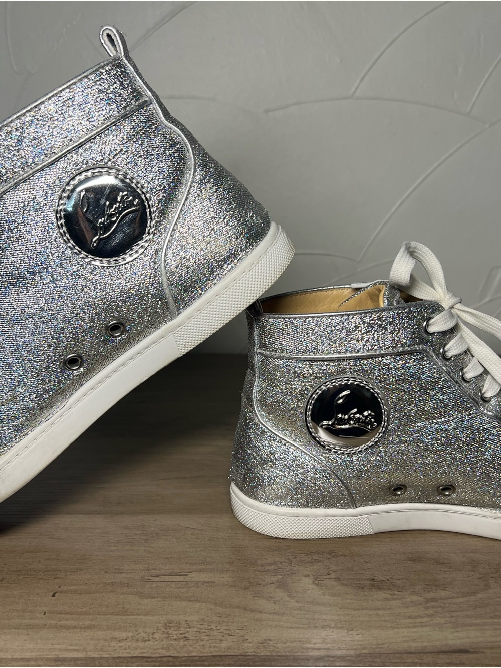 38.5 Sparkle Christian Louboutin  Glitter High-Top Sneakers with Logo Emblem